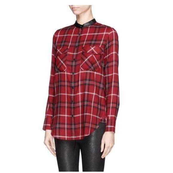 Vince Leather Trim Plaid Long Sleeve Button Down Shirt - 4 - Picture 1 of 8